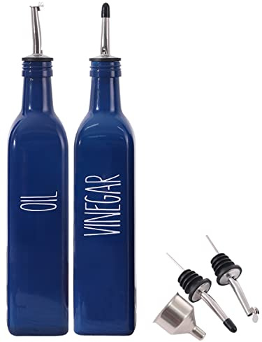VICUKIE Glass Oil and Vinegar Dispenser Set For Kitchen, 17oz Glass Olive Oil Dispenser Bottle with Pour Spout, Farmhouse Olive Oil Dispenser Bottle For Kitchen, Unique Navy Blue Decor (2 blue)