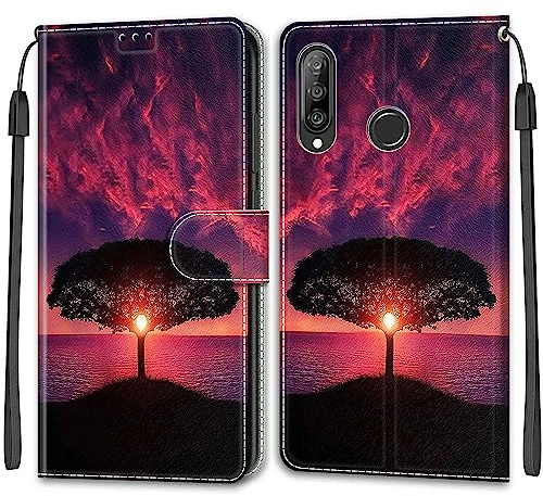 Handyhülle für Huawei P30 Lite Leder Wallet Tasche Baum | Premium Klappbar Ledertasche mit Magnetverschluss, Kartenfächern & Standfunktion, robuste Schutzhülle für Huawei P30 Lite