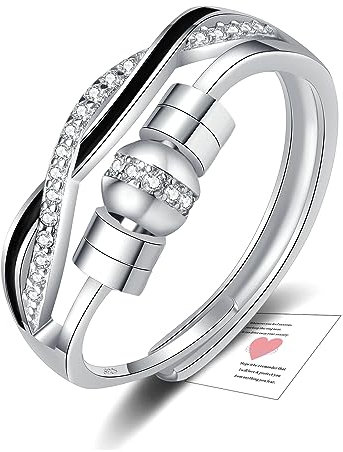 HEEYA Anxiety Ring für Damen Silber 925 Angst Ring mit Zirkonia Offen Verstellbar Anti Stress Ringe mit Perlen Spinner Fidget Ringe Frauen Hypoallergen Stimmungsring gegen Stress Unisex