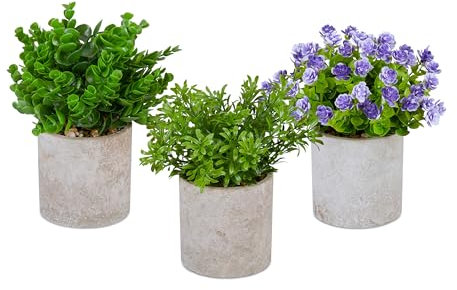 Relaxdays Juego Set de 3 Plantas Artificiales en Maceta, Flores Plástico, Imitación Realista, Decorativas, Verde, Lila y Gris, Poliéster, 23 x 18 cm