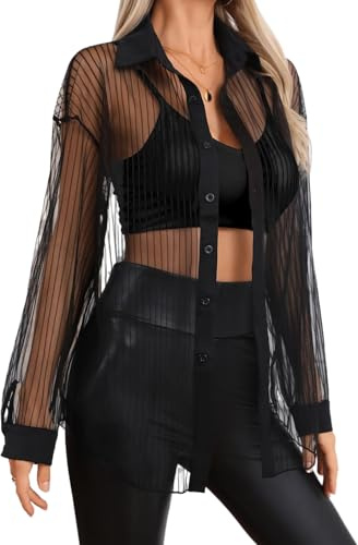 Milumia Women Sexy Oversized Sheer Button Up Blouse Shirt Long Sleeve See Through Mesh Top Black Small