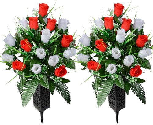 SIFOEL Set of 2 Artificial Grave Memorial Flowers Cemetery Flowers Rose Bouquet with Vase for Cemetery Graveyard Headstones Decoration (Red&White-24H)