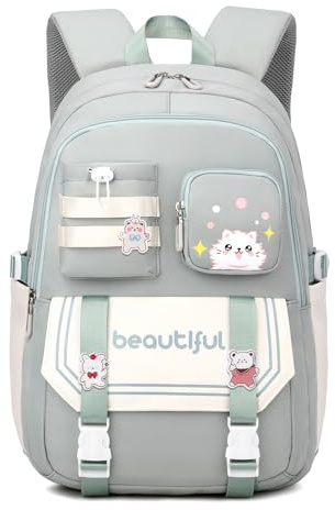 IvyH Sac A Dos pour Enfant Adolescentes Cartable Fille Primaire, Kawaii Sac D'école pour Fille Garçon 8 10 à 16 ans, Sac Ecole Léger et Imperméable, 30x20x46 cm, Vert