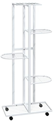 Gecheer Blumenständer 5-Etagen mit Rollen Blumentreppe Pflanzenständer Blumenregal Pflanzentreppe Pflanzregal Blumenbank 44x23x100 cm Weiß Eisen