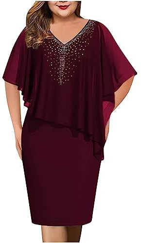 Zeiayuas Women's Wine Mixed (Sequin & Velvet) Cocktail Midi Dress Plus Size High Waist V-Neck Long Sleeve Adult Women Dress