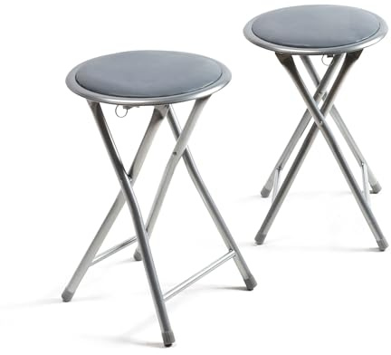 THE SECRET HOME - Taburetes Plegables de Aluminio - Silla de Metal y Asiento Acolchado - Ideal para Cocina, Terraza, Cámping, Oficina - Diámetro 30 x Alto 45 cm (2, Gris, Ø30x45 cm)