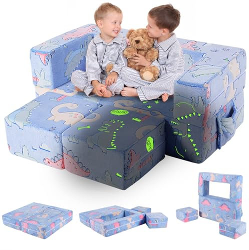 Kindersofa Ausklappbar, 2-in-1 Kinder Sofa mit Schlaffunktion, Modulare Mini Sofa für Spielzimmer, extra weich Spielsofa, im Dunkeln leuchten, mit 2 Ottomanen, 1 Seitentasche, für Jungen und Mädchen