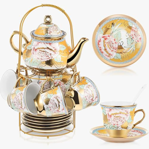 Zhehao 20 Pcs Porcelain Tea Set for Adult, with Metal Holder, Classic
