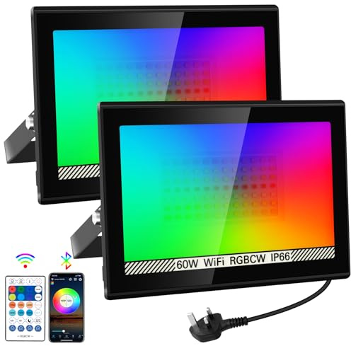 NATPOW RGB Flood Lights, 60W Disco Lights Smart Colour Changing, LED Garden Security Lights with Remote&APP Control IP66 Stage Lights for Christmas, Halloween, Garden Party (2Packs)