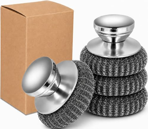 Onewly 2Pack Steel Wool Scrubber with 2 Replacement Wire Pads, Stainless Steel Scrubber with Stainless Steel Handle, for Cleaning Dishes, Cast Iron, Stock Pots, Pans, Griddles, Grills