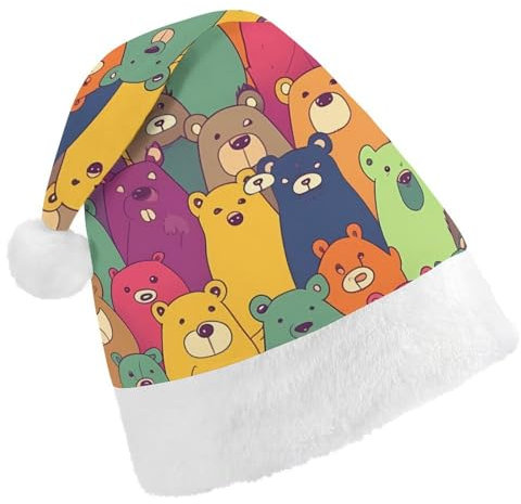 JKLQWH Weihnachtsmütze mit bunten Bären, Weihnachtsmannmütze für Erwachsene, Uni, klassische Weihnachtsmannmütze, extra dick, Weihnachtsmütze, Wintermütze, Neujahr, festliche Party,