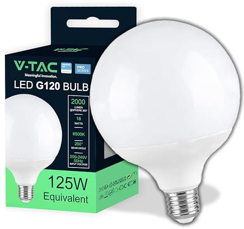 V-TAC Lampadina LED Globo 18W (Equivalenti a 125W) - Chip Samsung - Attacco E27 - G120-2000 Lumen - Lampadina LED Massima Efficienza e Risparmio Energetico - Luce 6500K Bianca Fredda