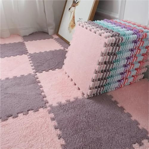 20 Stück Eva-Schaum-Puzzle, warme Bodenmatte, ineinandergreifende Teppichfliesen, Flauschige Schaumstoff-Bodenmatte(Light pink-Gray-Purple)