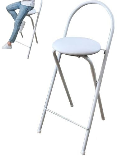 Sgabello da bar pieghevole con schienale, portatile, con seduta rotonda imbottita, per cucina, negozio, ufficio, campeggio, bianco, 65 cm