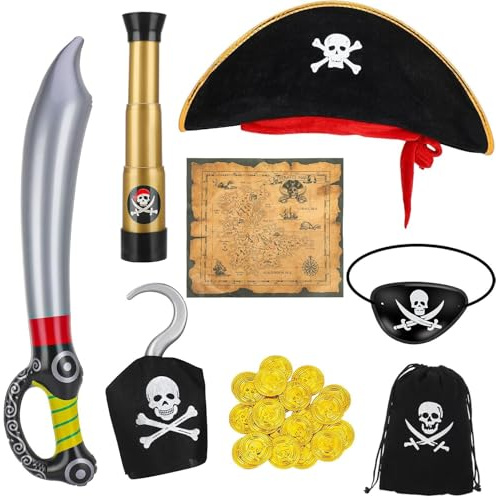 LATERN 8 Pezzi Capitano Pirata Costume Accessori, Pirata Cappello Teschio Ossa Incrociate Benda Sull'occhio Spada Mappa del Tesoro Telescopio Gonfiabile Moneta D'oro per Bambini Pirata Festa Cosplay