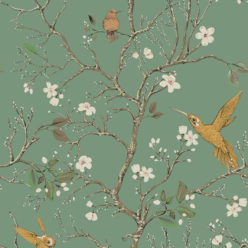 VaryPaper Blumentapete Vintage Klebe Tapete Selbstklebend 44.5cmx300cm Fototapete Vogel Dschungel Klebefolie Möbel Grün Matt Möbelfolie Muster Kommode Schrankfolie Wandtapete Wohnzimmer Badezimmer