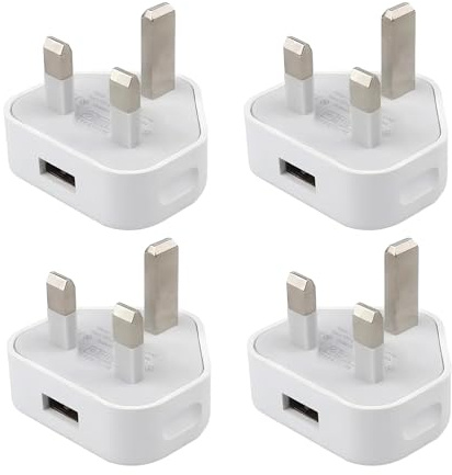 4 Pack USB Plug UK Charger Plug, Power Adapter, 5V/1AMP Single Port Charging, Compact Adaptor UK, Plug for Small Fan, Blue Cable iPhone XR/X/8/7/6 Plus/5/4/11/11 Pro/10/Xs/XS Max