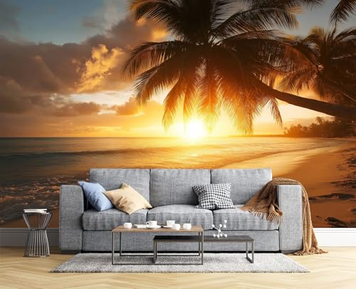 JSCWDET Papier Peint Panoramique Nature 350×256 Cm (W×H) - Revêtement Mural Pour Chambre Salon - Paysage D'Île Tropicale Décoration Murale - Orange Brûlée - Palmiers Au Coucher Du Soleil