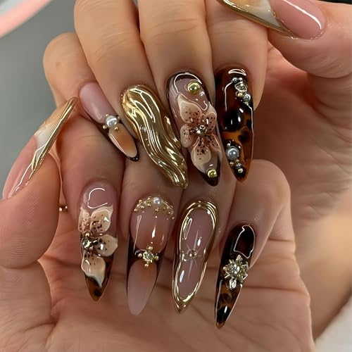 RUISPEED 24 pièces Ongles à Presser Long Amande Faux Ongles Fleurs Accessoire Doré Ongles Artificiels pour Femmes, Manucure DIY Sans Vernis