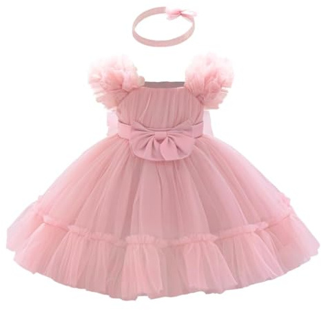 Lito Angels Baby Girls Tulle Flower Girl Dress Princess Birthday Wedding Party Outfit Fancy Ball Gown Costume with Bow Headband for Photoshoot Holiday Ceremony, Age 12 Months, Rose Pink