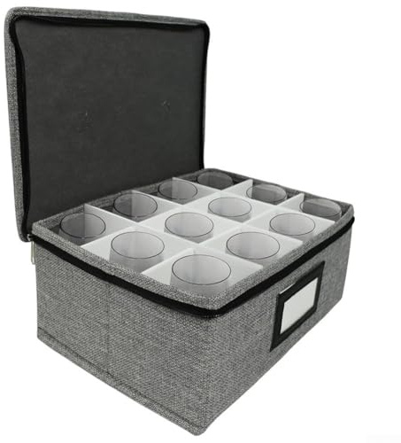 FACULX Contenedor de almacenamiento de vidrio de whisky con 12 compartimentos y asas, caja de almacenamiento para copas de vino, cajas de mudanza para vasos, soporte de cristalería