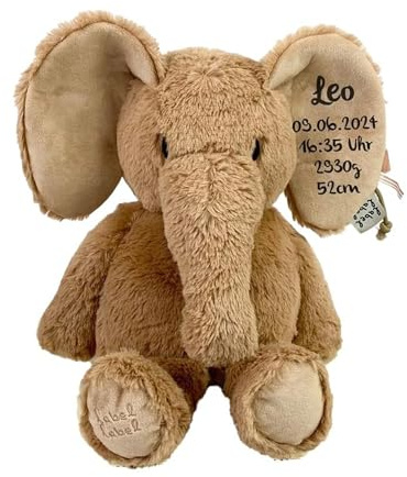 Mainely Personalisiertes Kuscheltier Elefant L (Nougat) – weich & hautfreundlich – für Babys & Kinder – mit Namen & Geburtsdaten personalisiert – Label Label