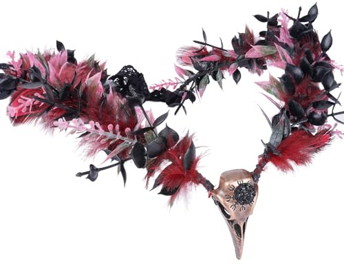 MOSTORY Mittelalter Kopfschmuck Damen Wikinger Gothic Hexen Accessoires Karneval Schwarzer Blumenkranz mit Rotem Feder Rabe Dunkel Floral für Renaissance Renfaire Halloween Fantasy Frauen Hexe
