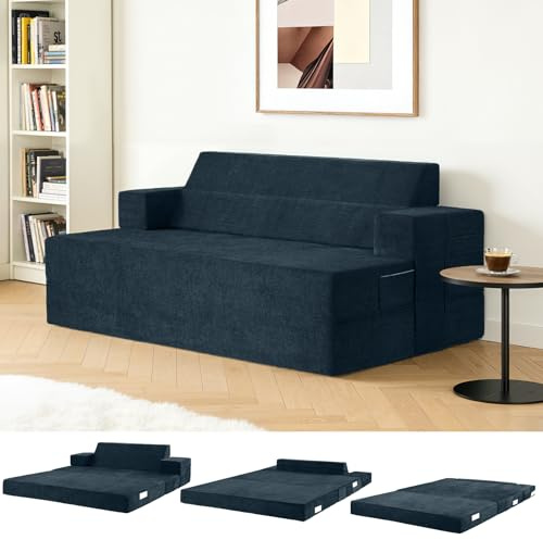 Fantico 4-in-1 Schlafsofa 150 x 200 cm – Schlafsessel mit Bettfunktion, klappbares Bettsofa, Faltbare Schlafcouch mit schrägen Rückenkissen & separatem Kissen, waschbarer Bezug, Blau