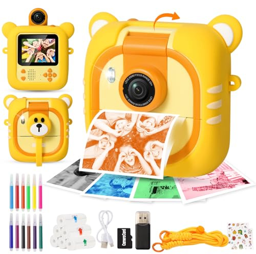 ARNSSIEN Macchina Fotografica Bambini Istantanea 2.4 con Obiettivo Flip 180 | 1080P Fotocamera Istantanea per bambini 2.4,7 Rotoli Carta (4 Col: O/R/V/B+3 B&N),Regalo per bambini e bambine 3-12 anni, M2