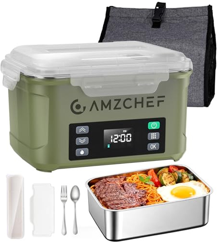 AMZCHEF Fiambrera Electrica de 1,5 L - taper electrico para comida de 27 000 mAh, calentamiento en 5 caras, función de calentamiento instantáneo, con reloj y memoria, recarga rápida (verde)