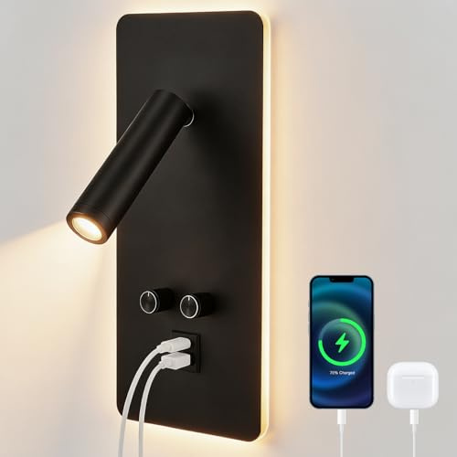 LED Wandleuchte Innen, 3 IN 1 LED Wandleuchte mit Schalter, 12W Dimmbar Nachttisch Leselampe mit USB Ladeanschluss, LED Wandleuchte für Hotelflur, Innenbereich, Nachttischlampe Wohnzimmer(1pc)