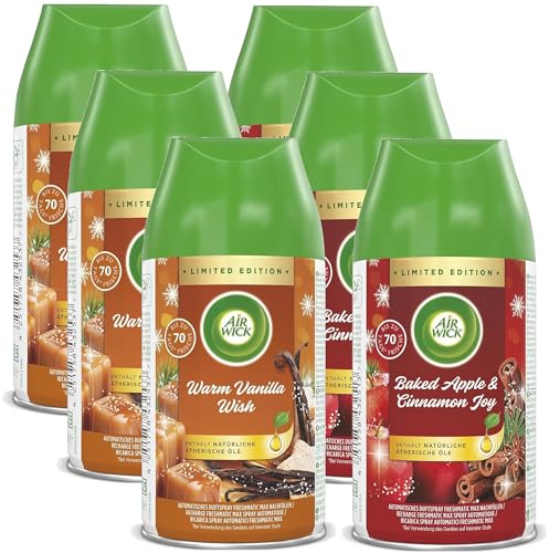 Air Wick Freshmatic Max Raumspray – Nachfüller für den Air Wick Freshmatic Max – Duft: Warm Vanilla Wish & Baked Apple & Cinnamon Joy – 6 x 250 ml Nachfüller
