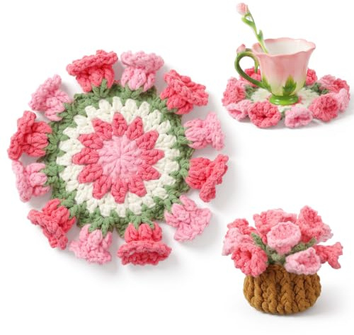 RAHHLIZS Fiori lavorati a maglia, fiori all'uncinetto, sottobicchieri con bouquet di fiori all'uncinetto con copertura per tazza, sottobicchiere fatto a mano, sottobicchiere floreale rosa carino per
