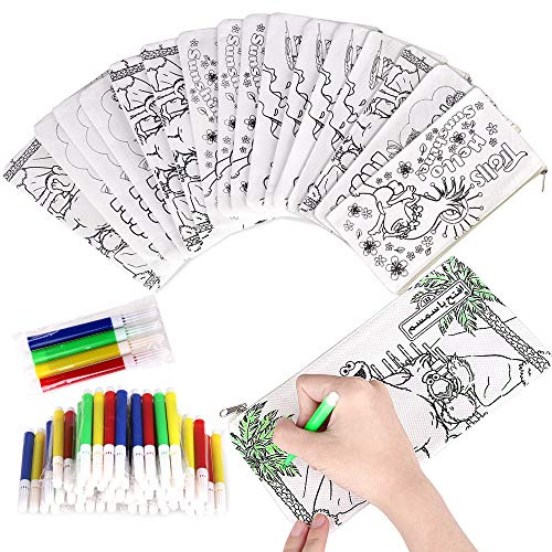 Faburo 32pz Kit - 16 Astucci da Colorare + 16 Colori Penne | Bustine da Colorare per Bambini, Sacchetti per Feste e Compleanni per Bambini Regali per Natale Fine anno scolastico
