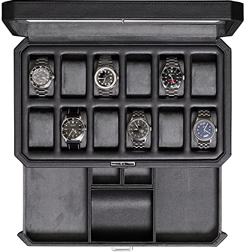 ROTHWELL 12 Fente en Cuir Coffret Avec Valet Tiroir - Montre de Luxe Case Organisateur Affichage, Microsuède Liner, Boîtes de Rangement Porte-hommes Grand Verre Top Ecrins Pour Montres (Noir/Gris)