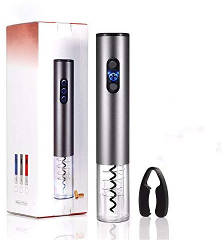 Sacacorchos Eléctrico Automático, Sacacorchos De Acero Inoxidable Con Batería Kit De Abridor De Vino, Abridor De Vino Eléctrico Con Cortador De Aluminio, Tapón De Vacío, Litio Recargable (Gris plata)