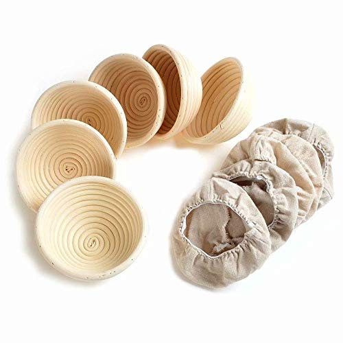 6 pack of 5 inch Sourdough Bread Bakery Basket,Round Bread Banneton Proofing Basket with Linen Liner Cloth, Brotform Dough Rising Rattan Handmade Rattan Bowl for Professional & Home Bakers