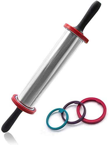 Rouleau à pâtisserie rouleau à pâtisserie réglable en acier inoxydable avec 3 anneaux d'épaisseur ajustables amovibles pour la cuisson de pizza, fondant, croûte à tarte, pâtes et biscuits,