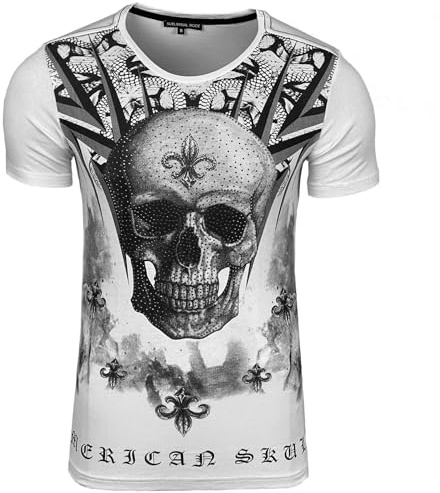 T-Shirt Homme Tête de Mort Col Rond Imprimé Fleur de Lys Avec des Strass Manches Courtes, Disponible en Noir, Blanc, Gris, Turquoise de la Taille S à XXL, Idée Cadeau Noël, Saint Valentin