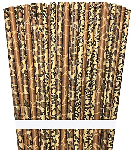 Animal Print Paper Straws - Safari Theme - Leopard Giraffe Cheetah Print - Black Brown Tan - 100 Pack Outside the Box Papers Brand