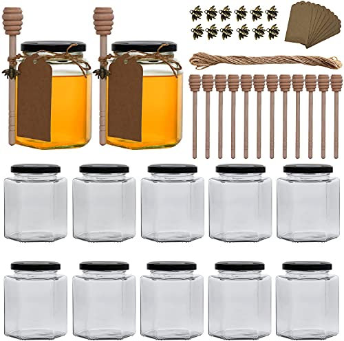 12Pack 12 oz Glass Honey Jars with Lids, Clear Hexagon Jars with Black Lids, Honey Storage Jars + Wooden Sticks for Party/Wedding Favors, Honey, Jams