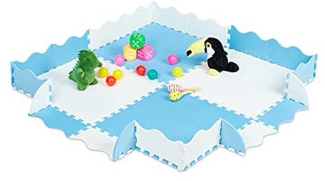 Relaxdays Puzzlematte mit Rand, 120x120 cm Krabbelmatte, EVA Schaumstoff, schadstofffrei, Babymatte 24-teilig, blau-weiß