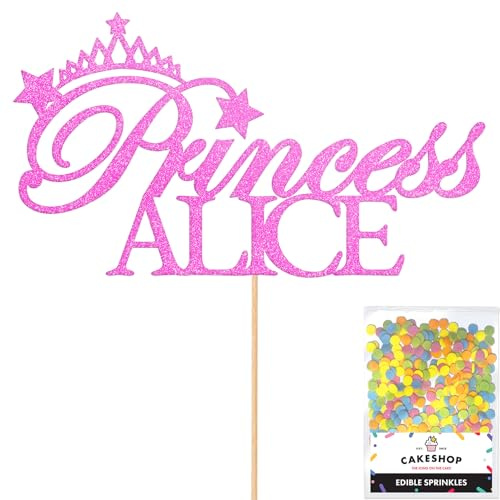 Personalised Birthday Princess Glitter Cake Topper- Light Pink Any Custom Name Glitter Cake Decoration and Sprinkles - Happy Birthday Decorations - Personalised Toppers for Cakes by Cakeshop