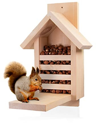 Zirbelino® Eichhörnchen Futterhaus, fix-fertig montiert aus 100% Zirbenholz | 100% wetterfest I metallfrei | Natürliche Futterstation zum Eichhörnchen füttern | Eichhörnchenfutterhaus