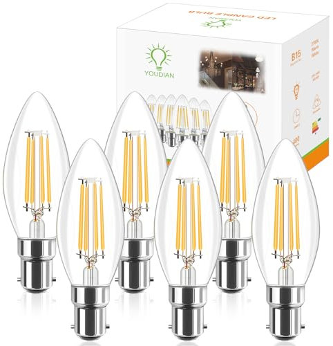 YOUDIAN Led Candle Bulb, B15 Led Filament Candle Bulb, 4W 220-240V 400Lm, B15 Small Bayonet Glass Led Light Bulb, Replacement 40W, Warm White 2700K, Non-Dimmable(6 Packs) (B15-4W-6 PACKS)