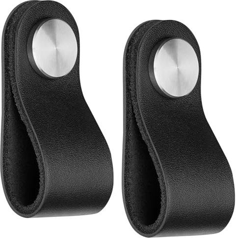 SOTECH 2 x Möbelknopf OSTERNAS schwarz | (passend für 6 mm Bohrung) aus Rindsleder und Schraubknöpfen aus echtem Edelstahl / Lederknopf mit Befestigungsschrauben