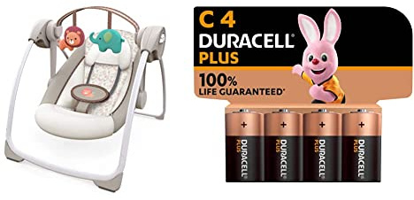 Ingenuity Soothe 'n Delight Altalena portatile compatta a 6 velocità con musica e barra portagiochi, pieghevole per un facile viaggio & Duracell - Plus C, Batterie Mezza-Torcia Alcaline