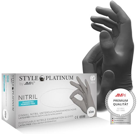 AMPRI Nitrilhandschuhe, silbergrau, platinum, 100 Stück/Box, Größe XL, puderfrei, Style PLATINUM by Med-Comfort: Nitril Einmalhandschuhe, Einweghandschuhe in den Größen XS, S, M, L, XL