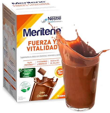 Meritene | Fuerza y Vitalidad | Batidos Sabor Chocolate | Fuerza para tus Músculos, Vitalidad para ti | Solución Nutricional para Adultos con Proteínas, Vitaminas y Minerales | 15 Sobres | 450 gr