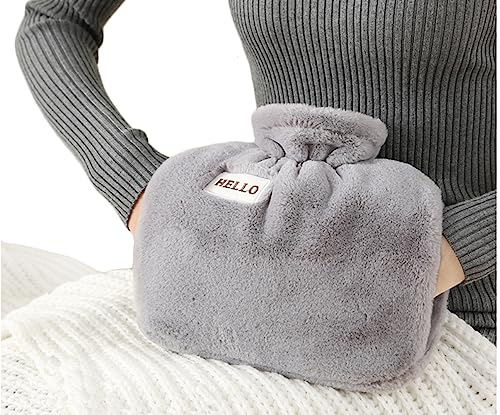 iEasey Hot Water Bottle with Fleece Cover UK 1.2L Winter Hand Warmer Muff Fluffy Rubber Hot Water Bag Massaging Hot Cold Therapy for Pain Relief, Neck and Shoulders, Menstrual Cramps, Feet Warmer
